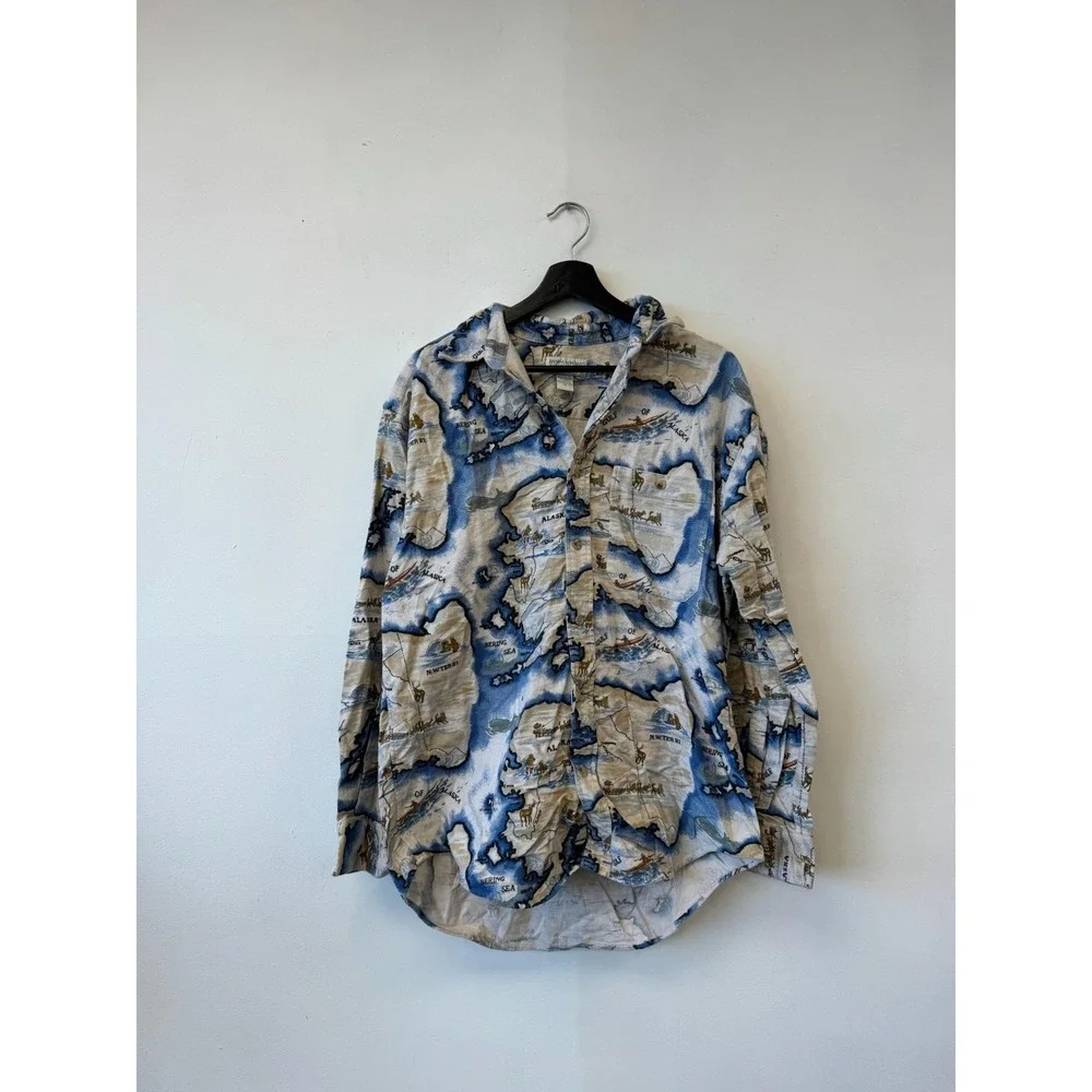 Vintage Banana Republic Chamois Shirt Medium Alaska Map Print Cotton Flannel 80s